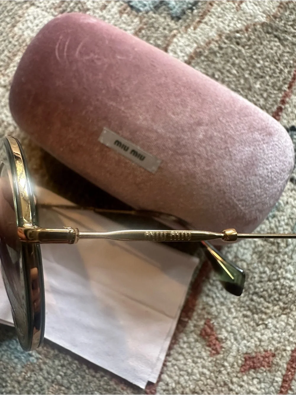 Miu Miu Green Round Frame Sunglasses with Pink Hard Case